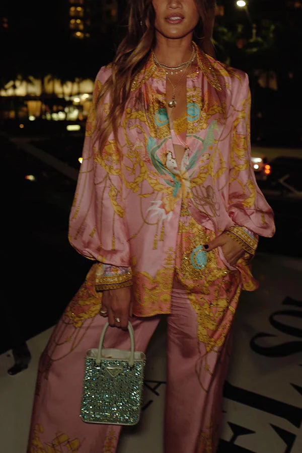 Unique Print Long Sleeve Loose Shirt and Elastic Waist Pants Set