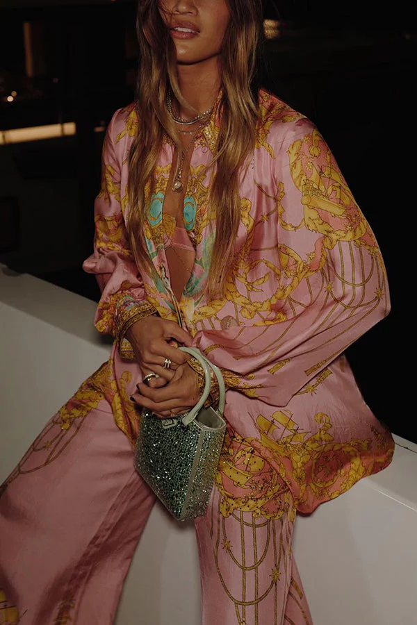 Unique Print Long Sleeve Loose Shirt and Elastic Waist Pants Set