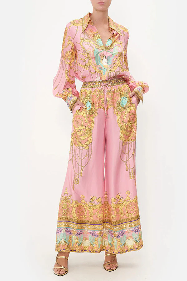 Unique Print Long Sleeve Loose Shirt and Elastic Waist Pants Set