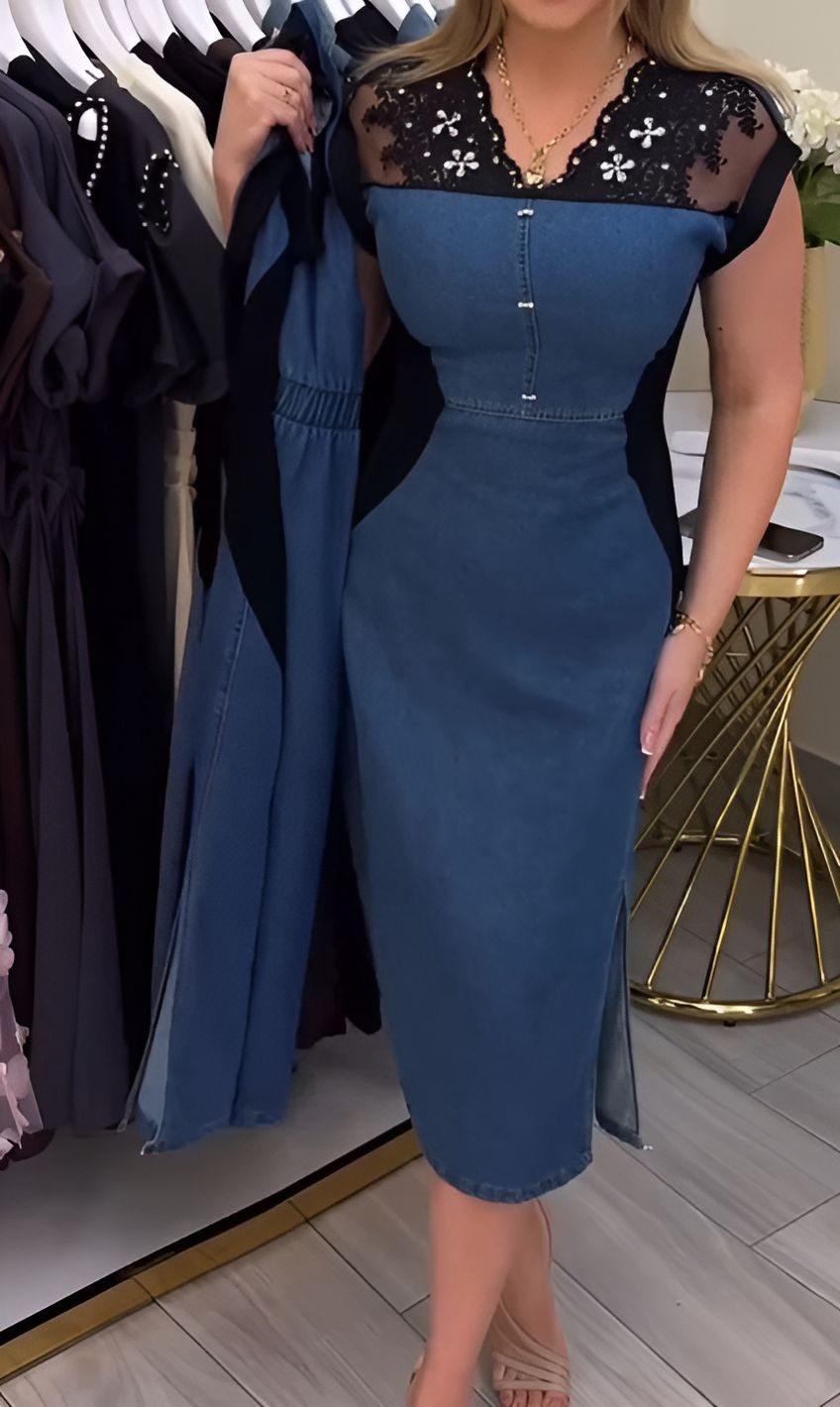 Black Lace & Denim Slim-Fit Dress