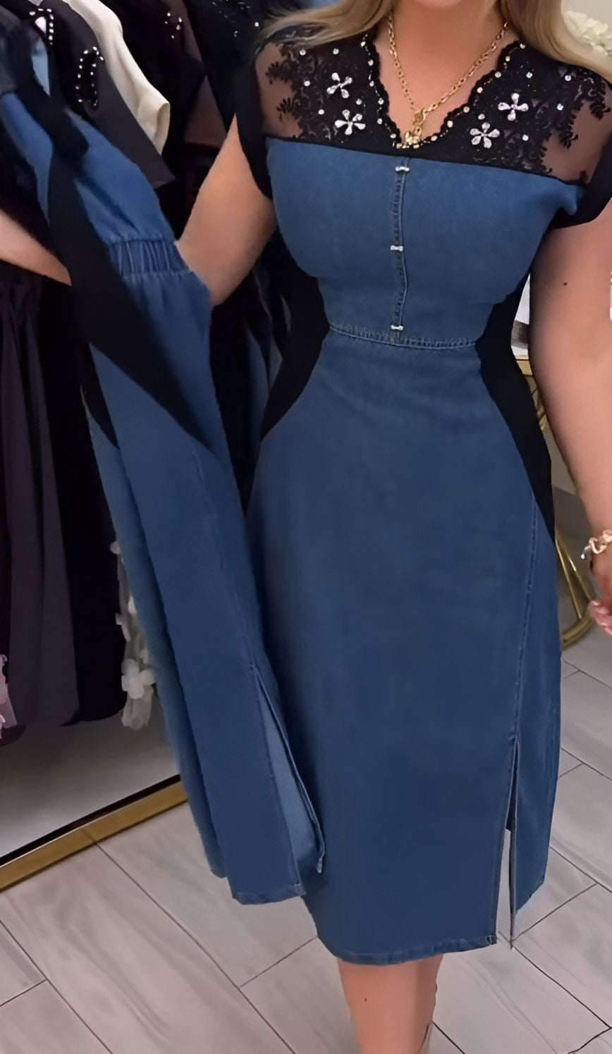 Black Lace & Denim Slim-Fit Dress