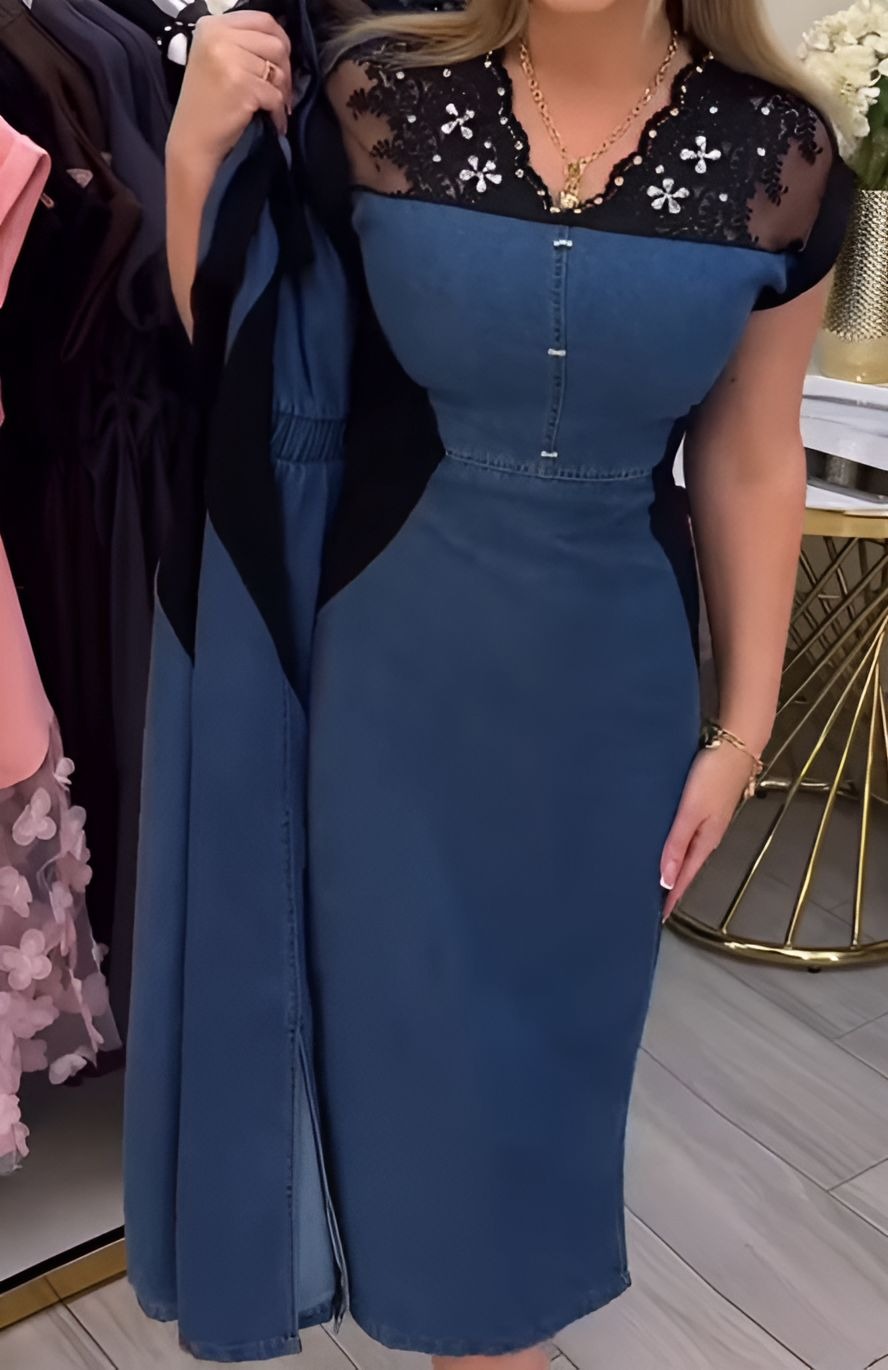 Black Lace & Denim Slim-Fit Dress