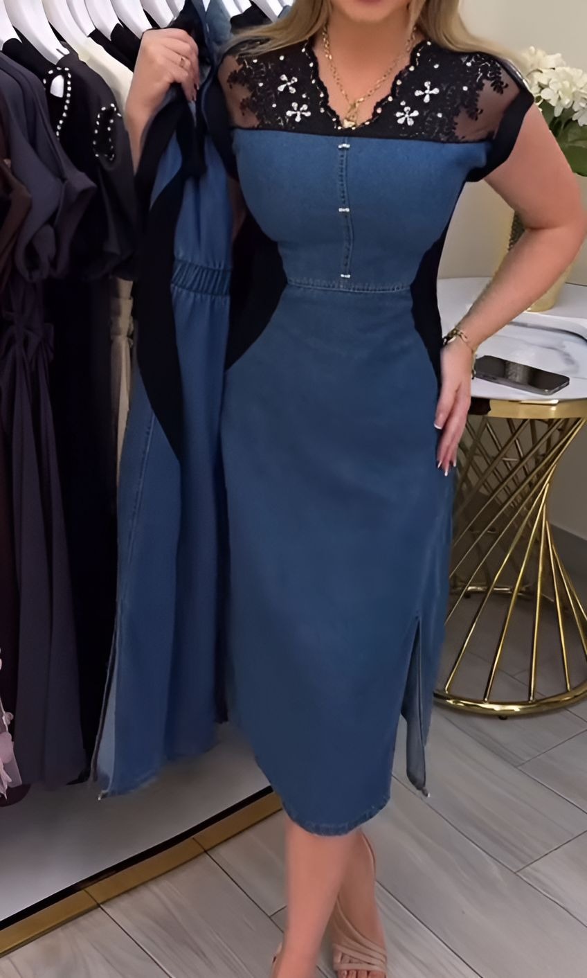 Black Lace & Denim Slim-Fit Dress