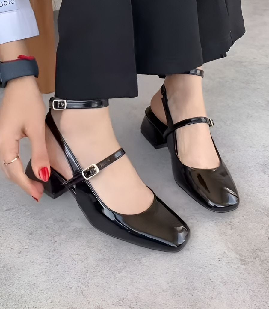 Black Elegant Block Heel Double Buckle Leather Sandals