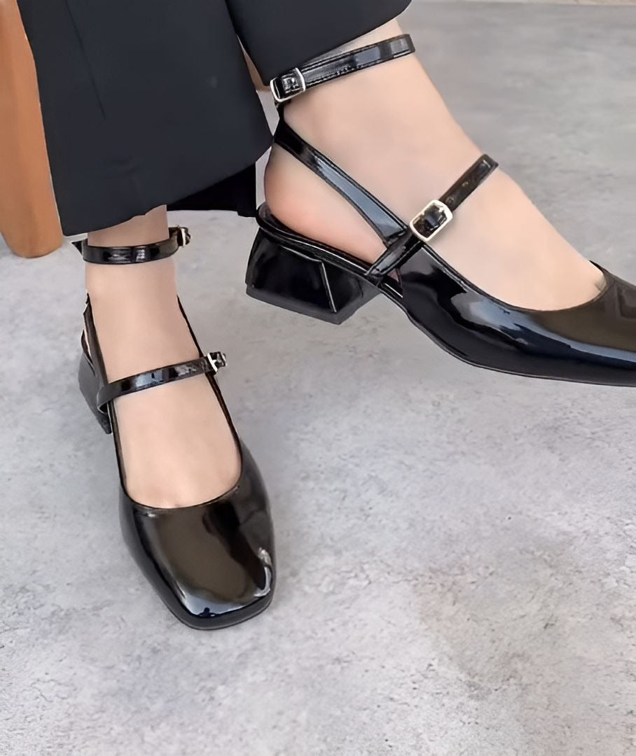 Black Elegant Block Heel Double Buckle Leather Sandals