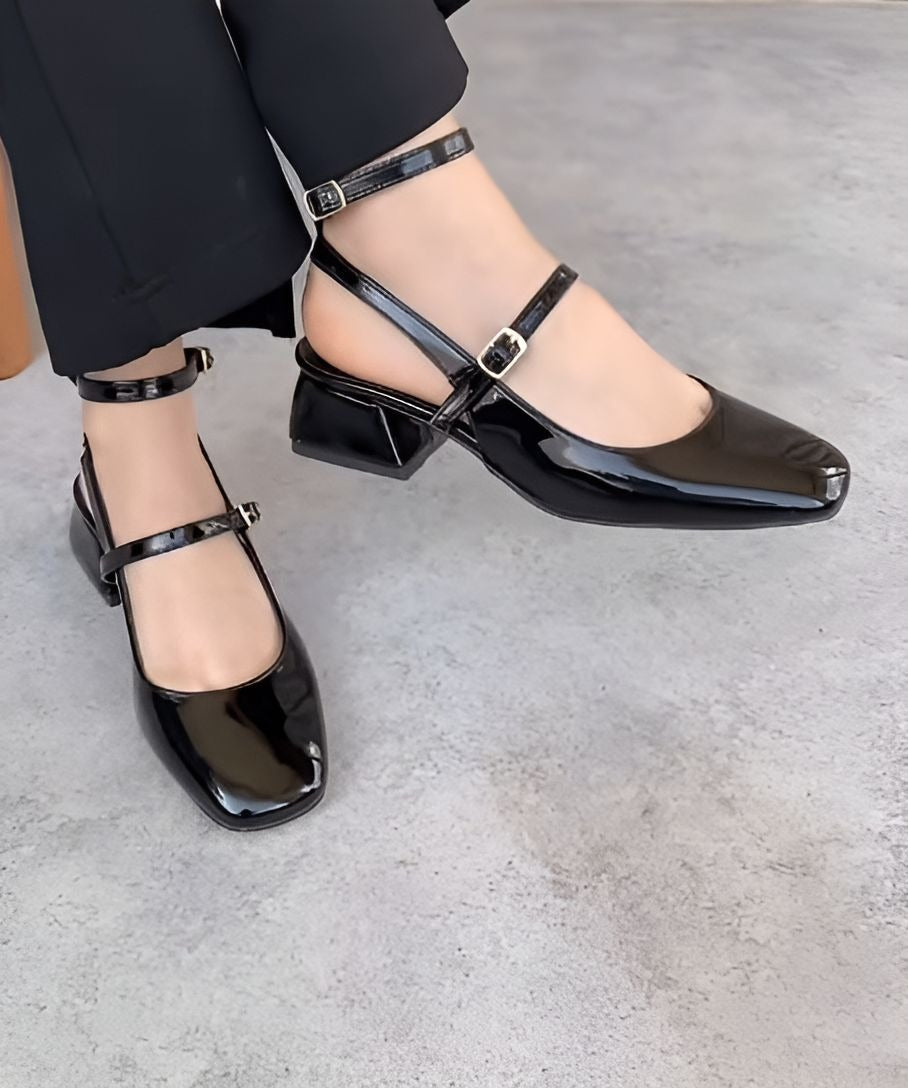 Black Elegant Block Heel Double Buckle Leather Sandals