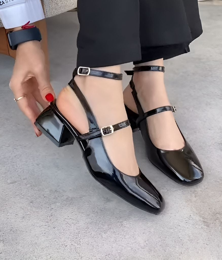Black Elegant Block Heel Double Buckle Leather Sandals