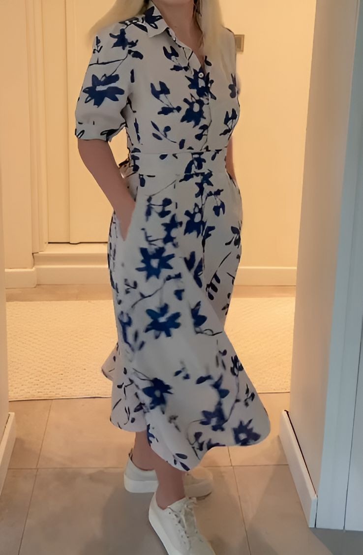 Blue Printed Button Dress With Pockets