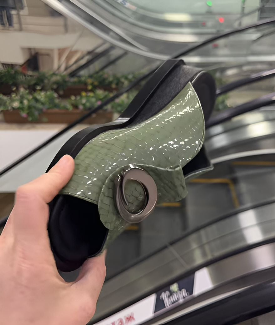 Green Soft Leather Thick-Soled Women Slippers