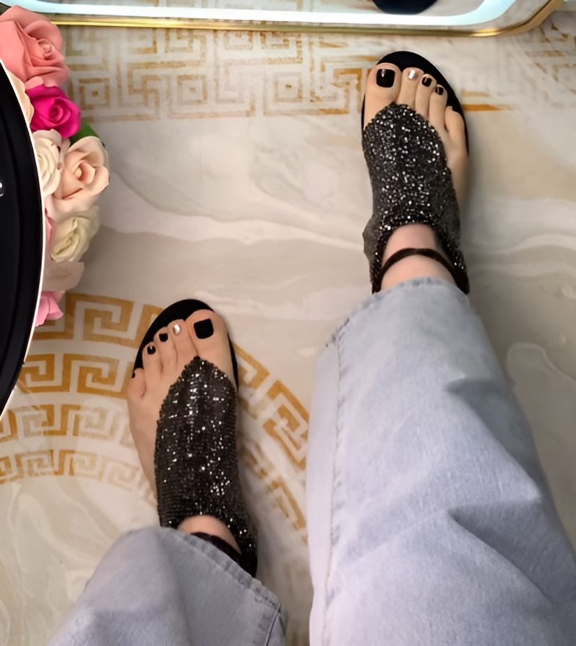 Black Glitter Flat Sandals