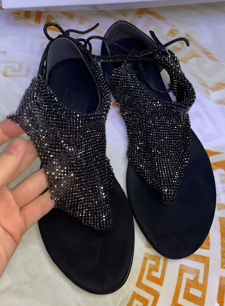 Black Glitter Flat Sandals