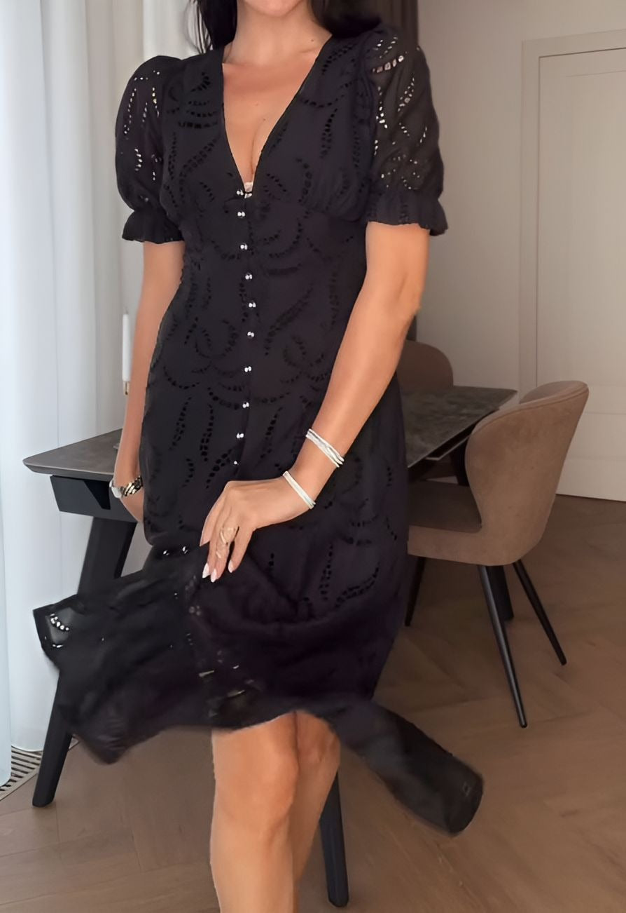 V-Neck Button Lace Dress