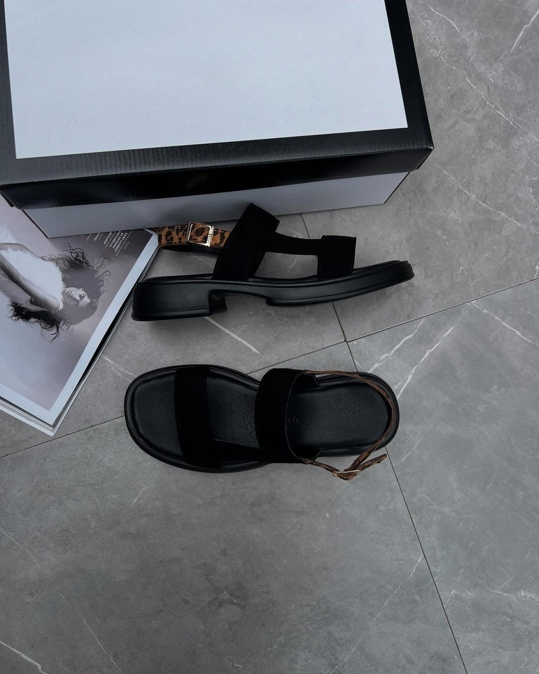 Black Leopard Print Contrast Women Sandals