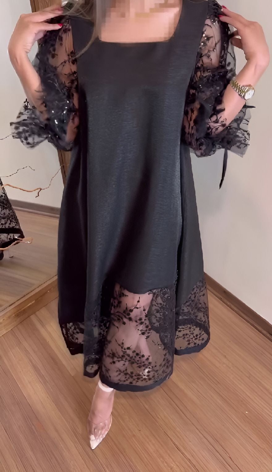 Black Sequin Puff Sleeve Dress