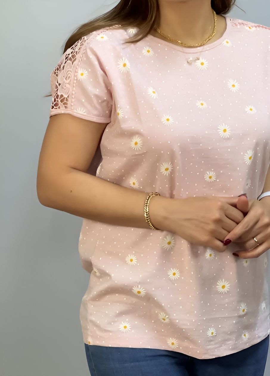 Pink Daisy Lace Short Sleeve Top
