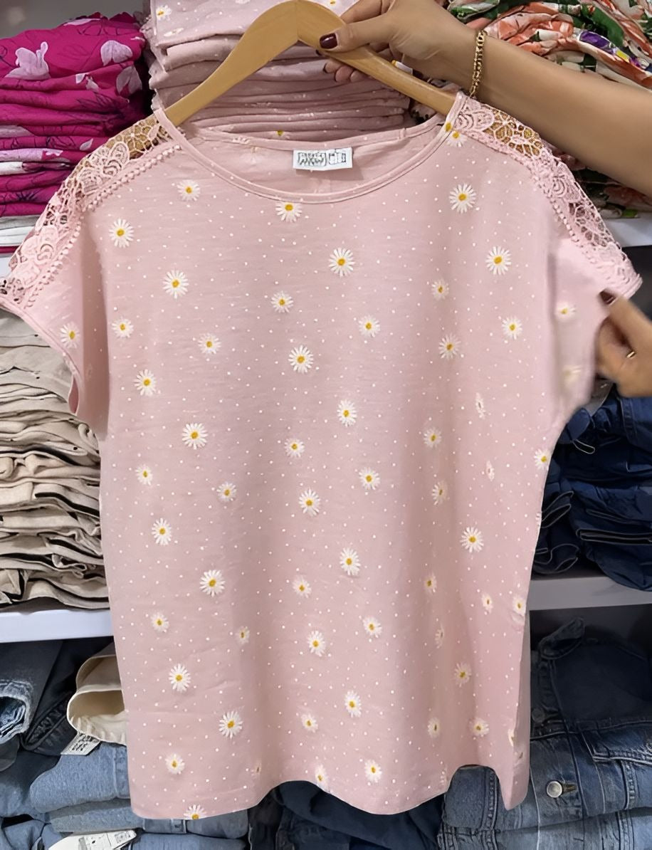 Pink Daisy Lace Short Sleeve Top