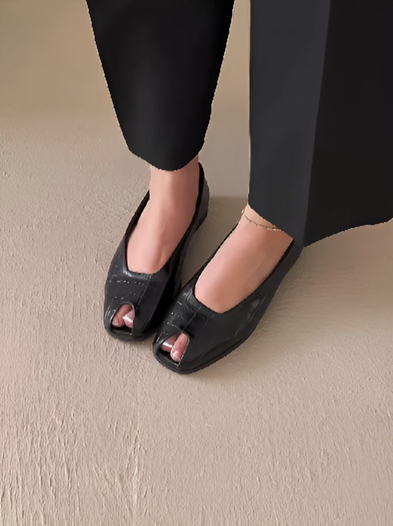 Black Soft Leather Open Toe Women Shoes