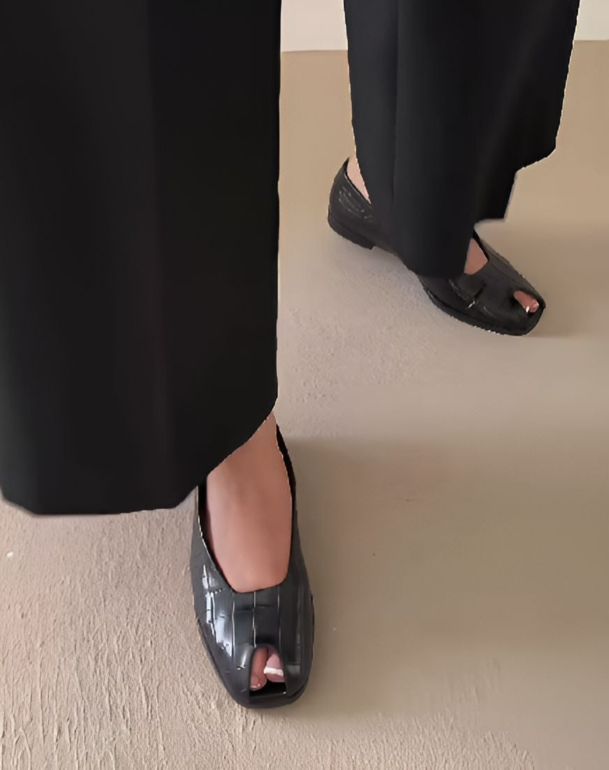 Black Soft Leather Open Toe Women Shoes