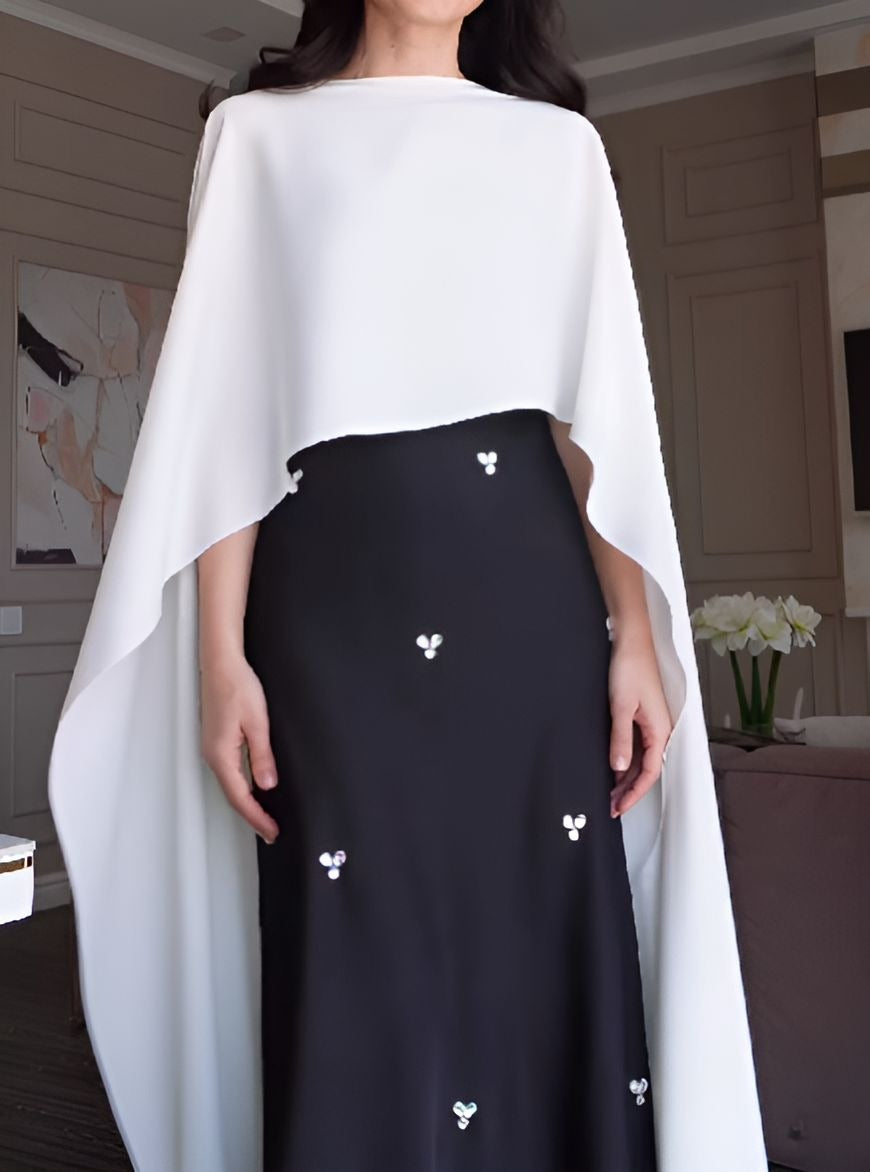 Elegant Black Dress+White Shawl