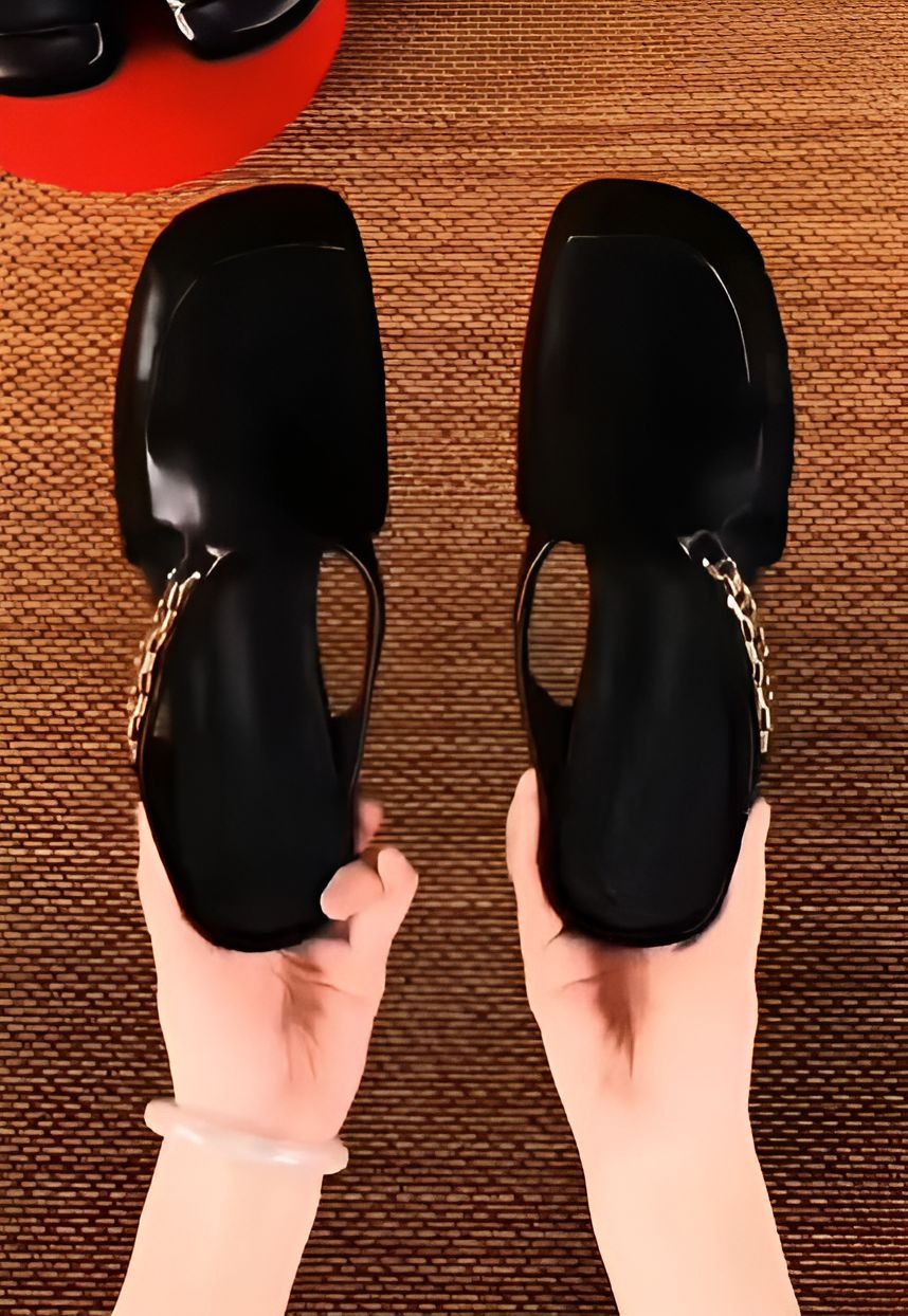 Black Leather Women Sandals