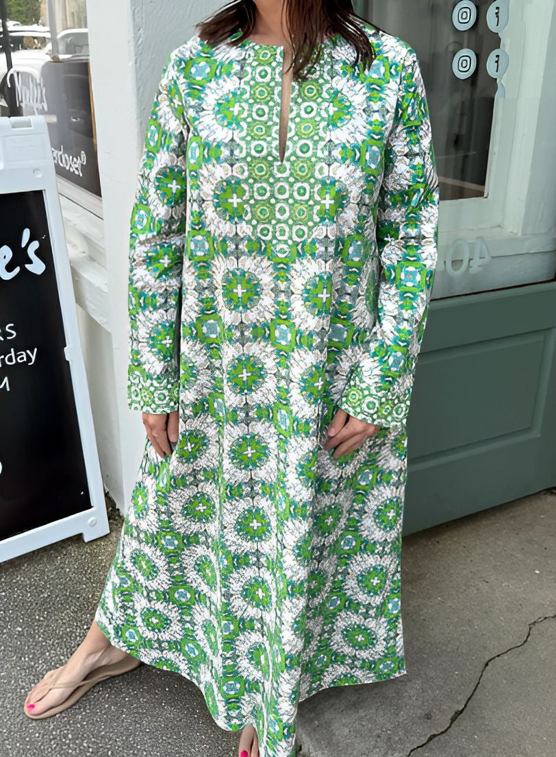 Green Printed Long Sleeve Dress