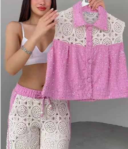 Sequined Knitwear Detailed Vest Pants Two Piece Set