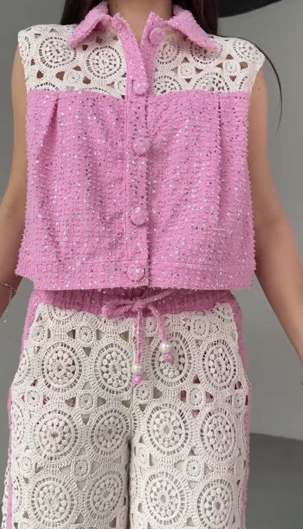 Sequined Knitwear Detailed Vest Pants Two Piece Set