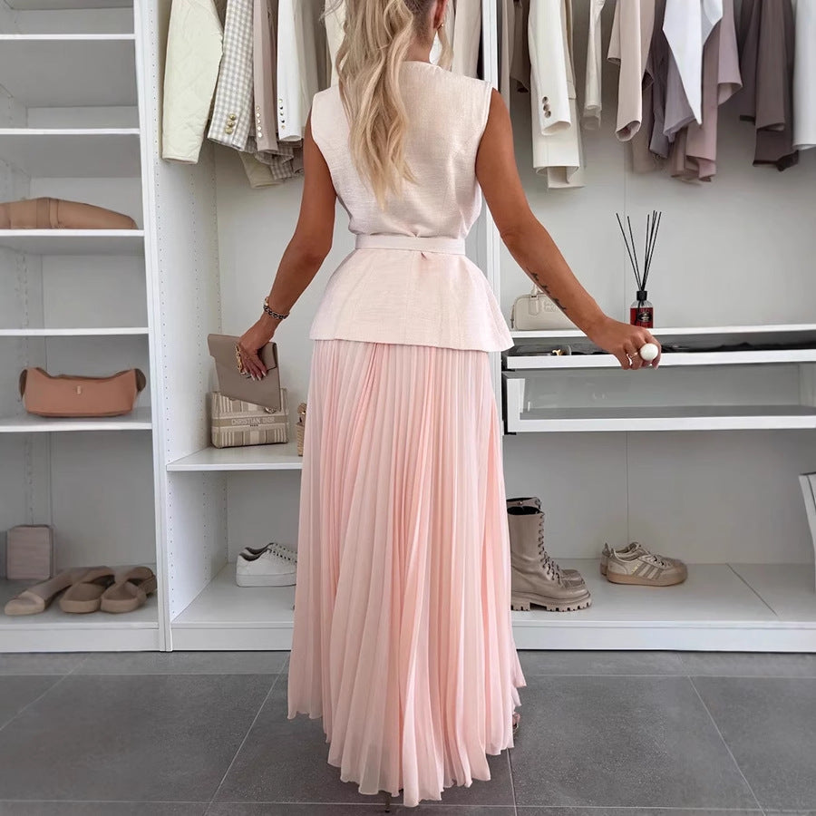 Elegant Vest Mesh Pleated Skirt Two-Piece Set
