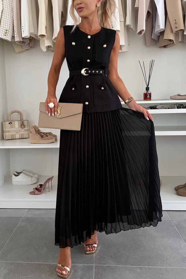 Elegant Vest Mesh Pleated Skirt Two-Piece Set