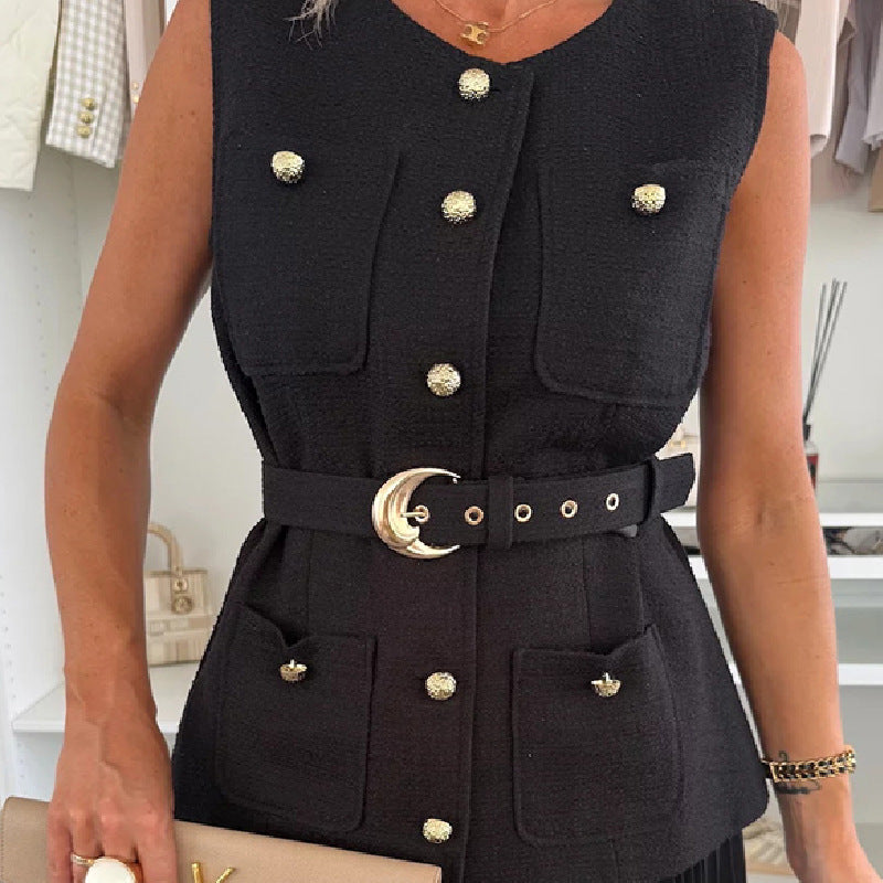 Elegant Vest Mesh Pleated Skirt Two-Piece Set