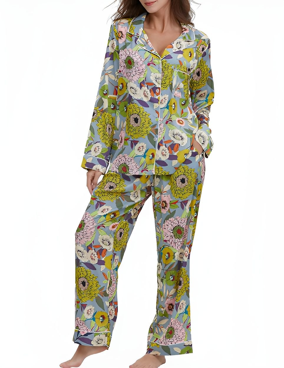 Green Printed Silk Pajama Set