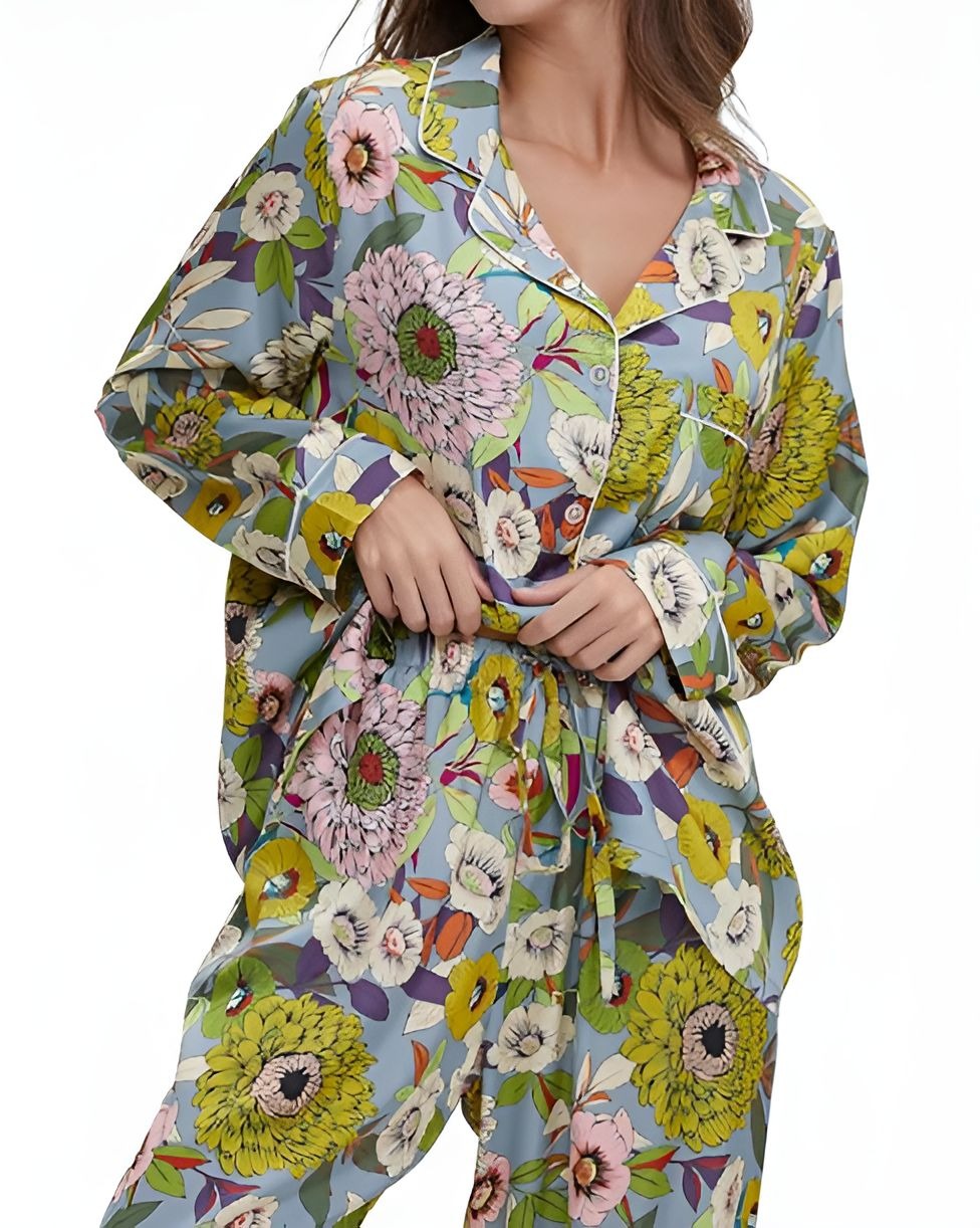Green Printed Silk Pajama Set