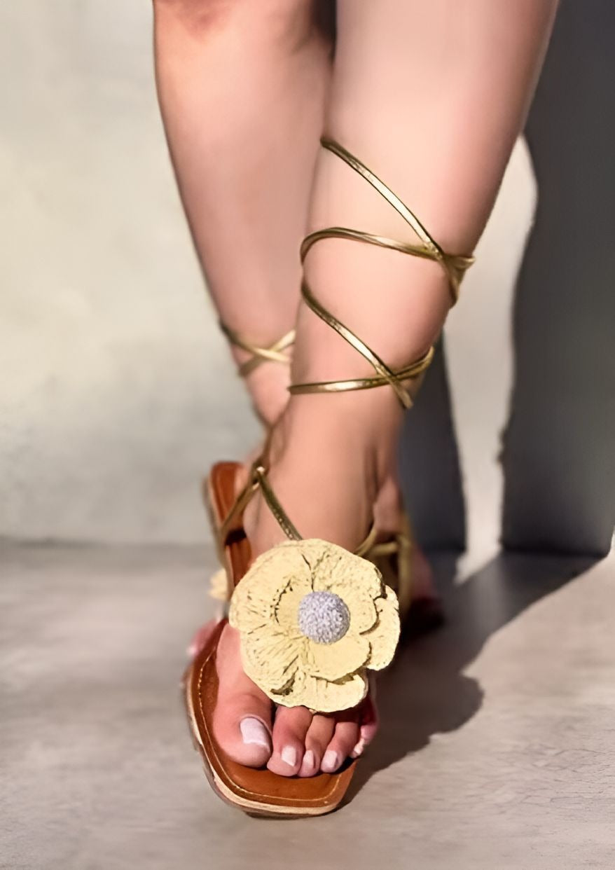Woven Flower Lace-Up Sandals
