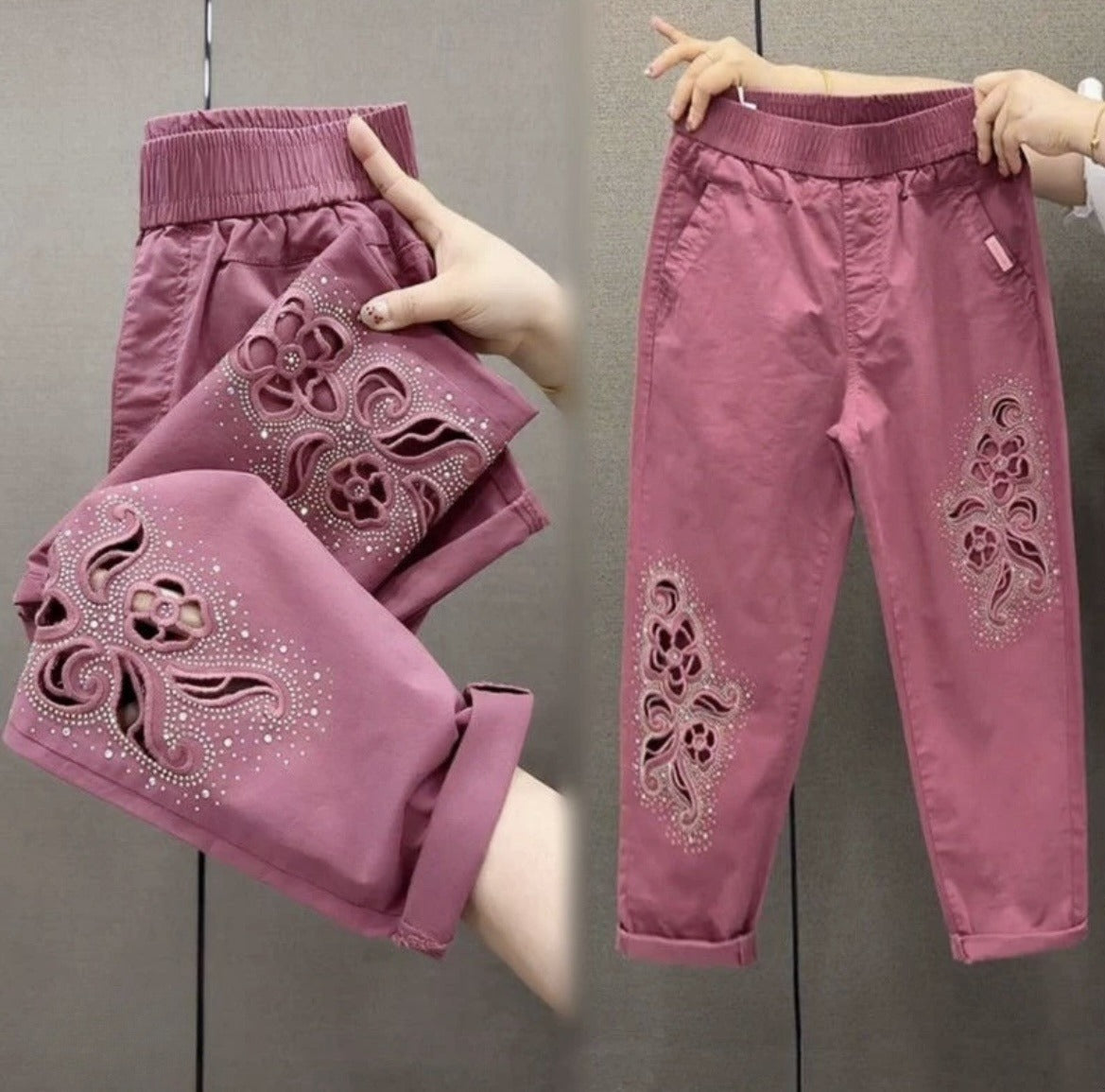 Flower Cutout Rhinestone Ankle Pants
