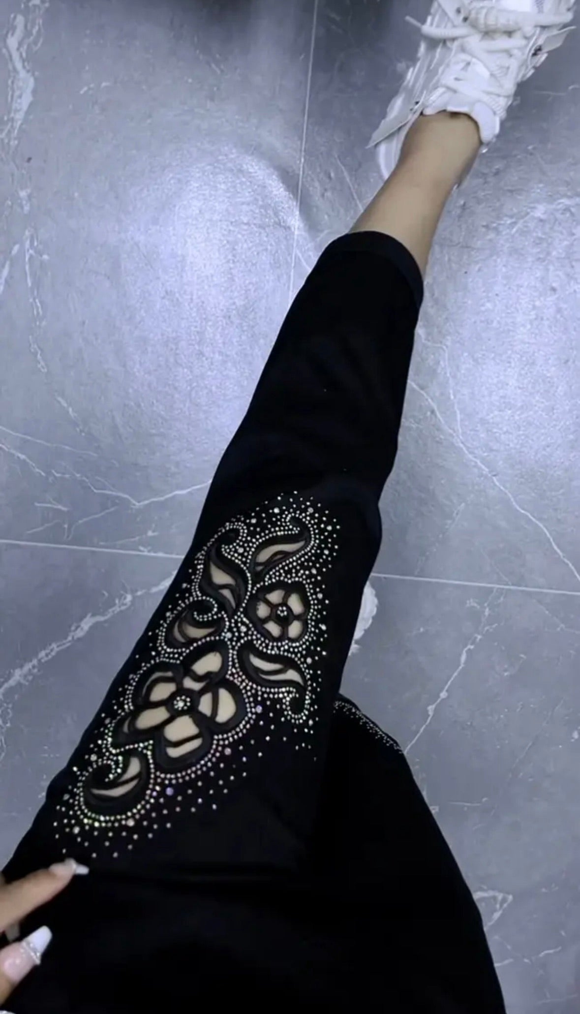 Flower Cutout Rhinestone Ankle Pants