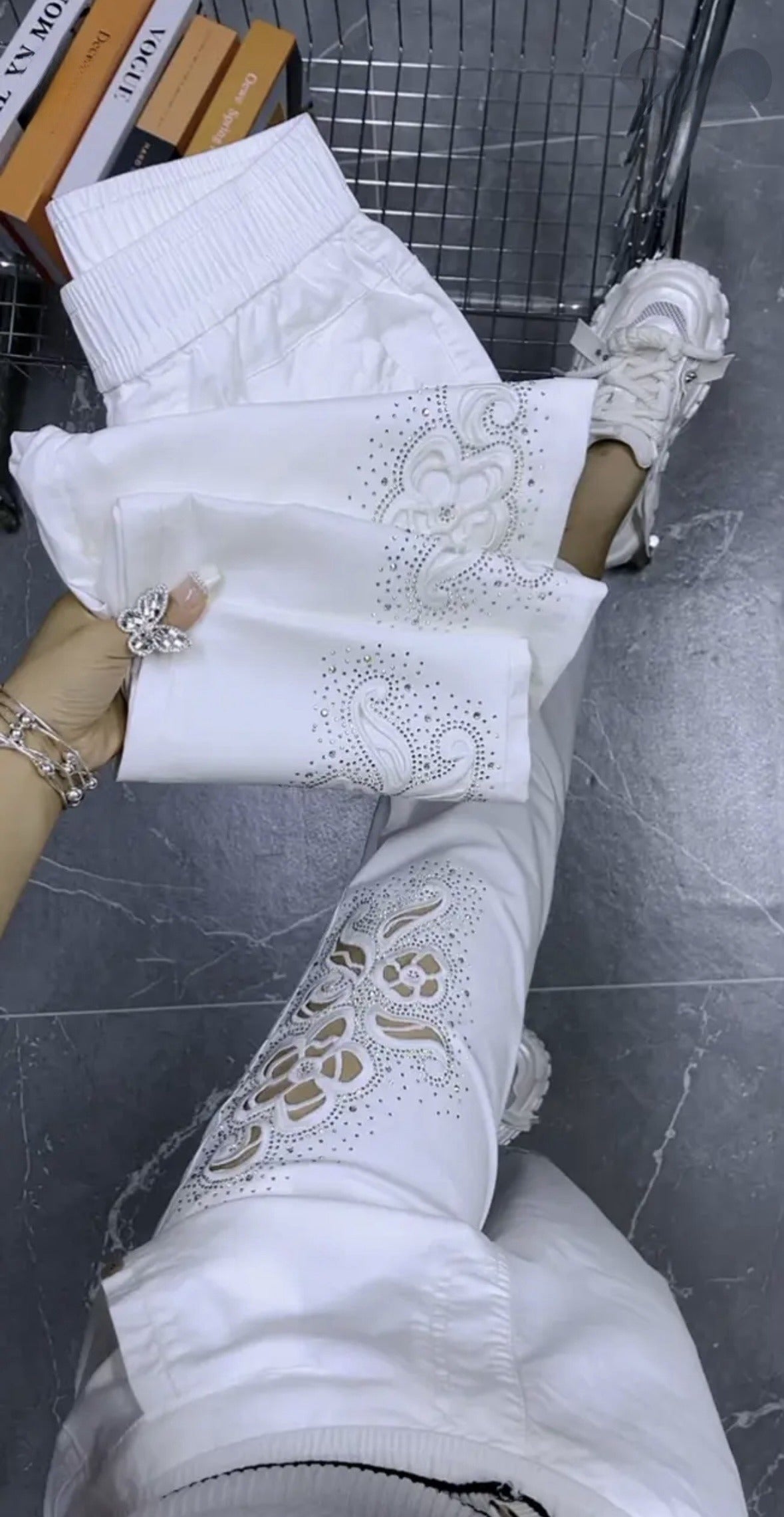 Flower Cutout Rhinestone Ankle Pants