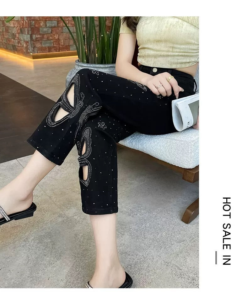 Butterfly Rhinestone Cutout Jeans