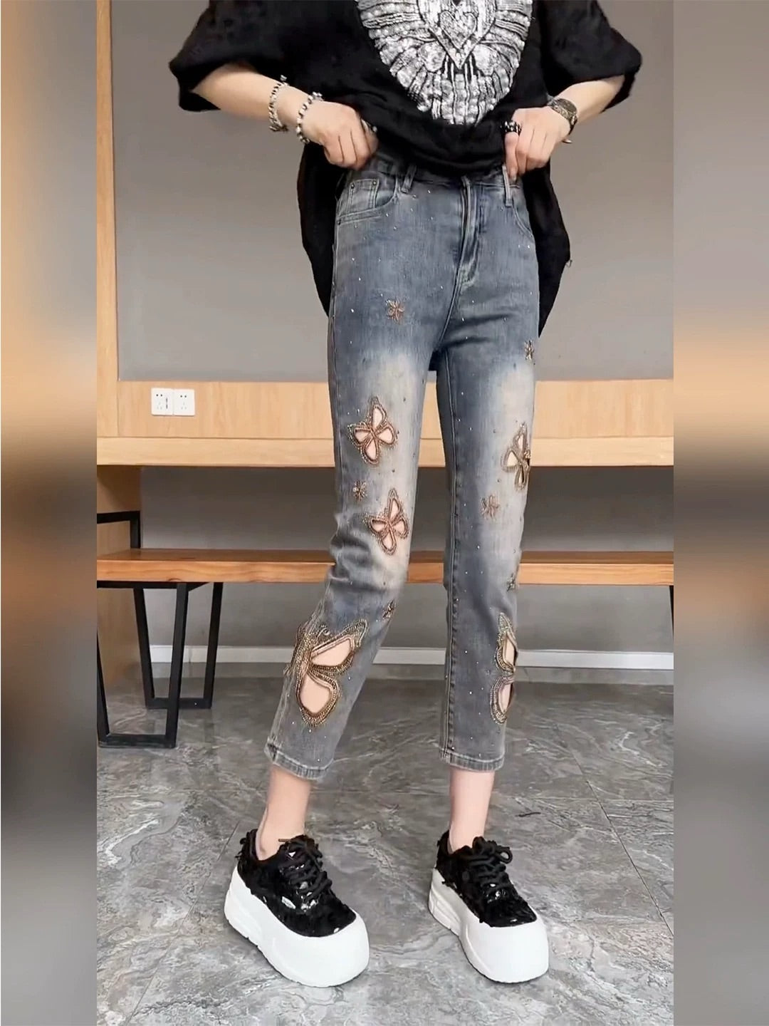 Butterfly Rhinestone Cutout Jeans