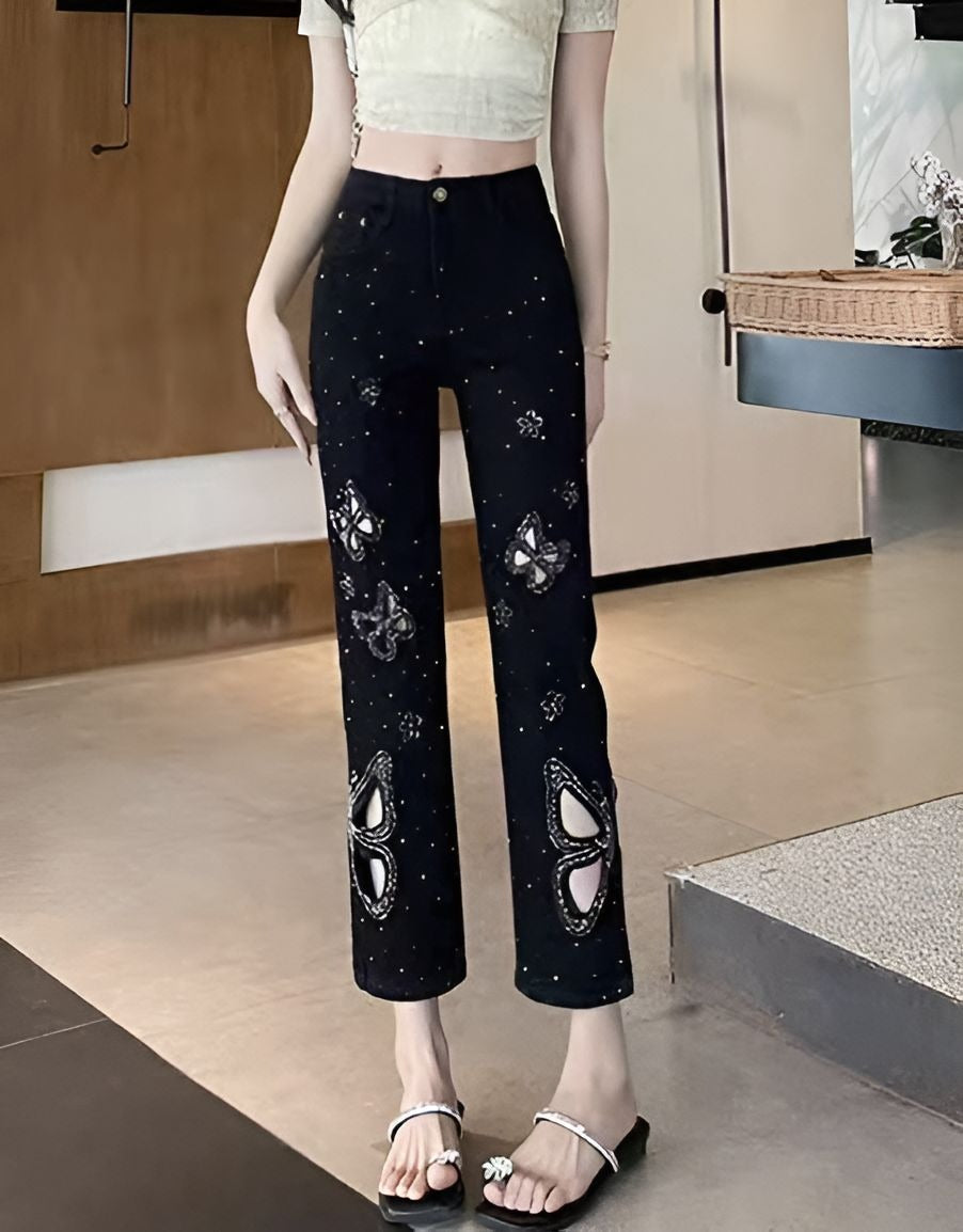 Butterfly Rhinestone Cutout Jeans