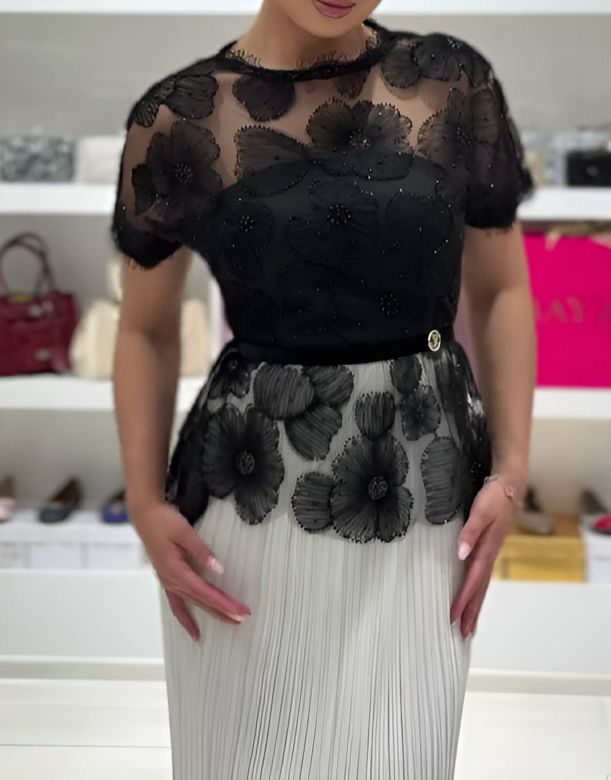 Black Floral Lace Mock-Two-Piece Dress
