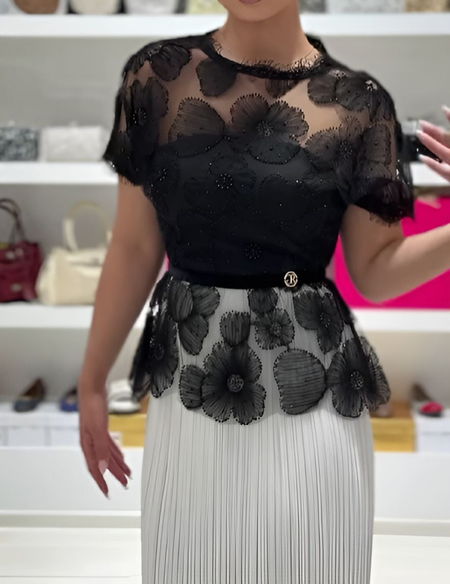 Black Floral Lace Mock-Two-Piece Dress