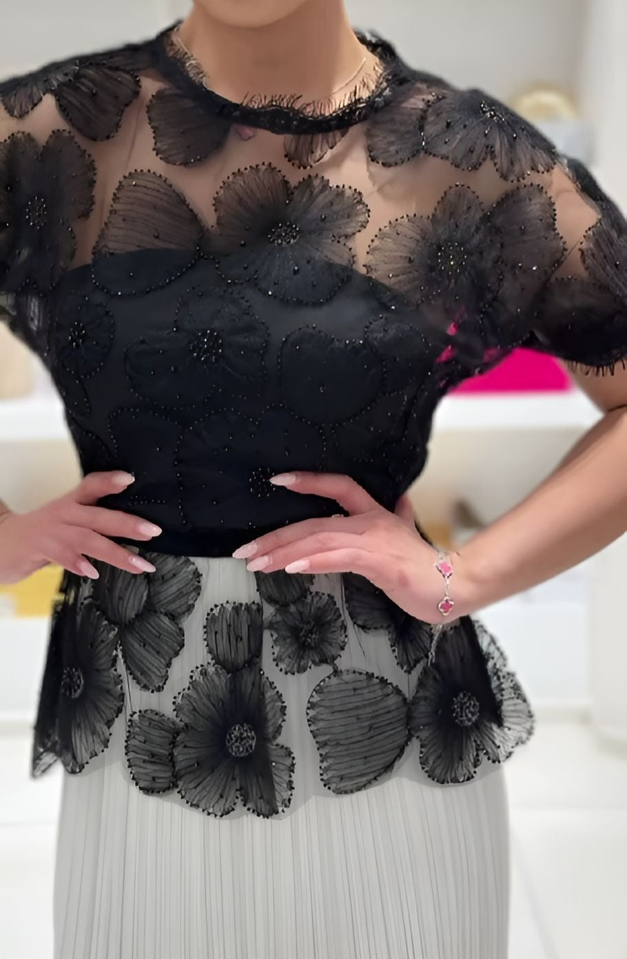 Black Floral Lace Mock-Two-Piece Dress