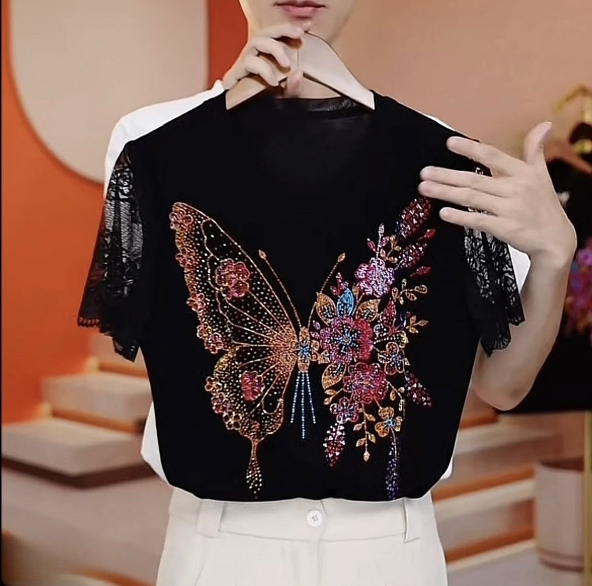Butterfly Flower Rhinestone Short Sleeve