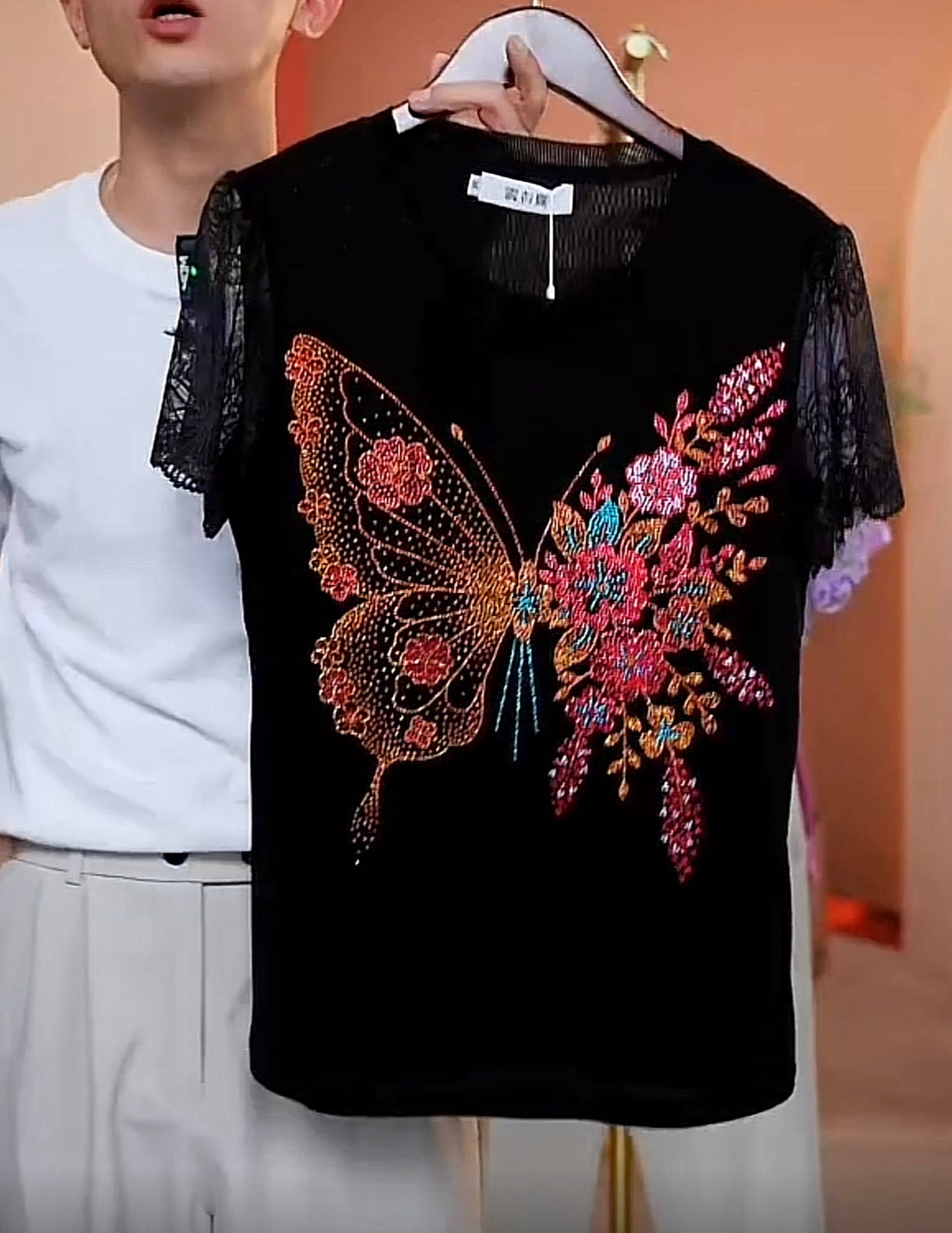 Butterfly Flower Rhinestone Short Sleeve