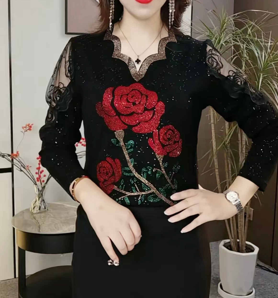 Black Rose Lace Long Sleeve Top