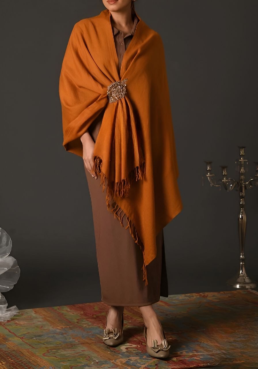 Orange Wrap with Gold Brooch