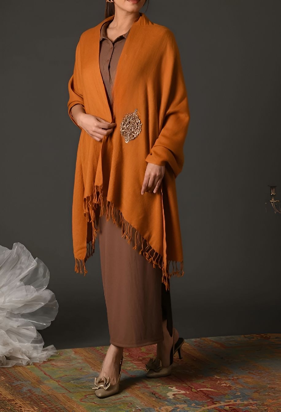Orange Wrap with Gold Brooch