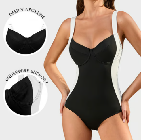 Tummy Control Black Sling Shaping One-Piece Swimsuit Set