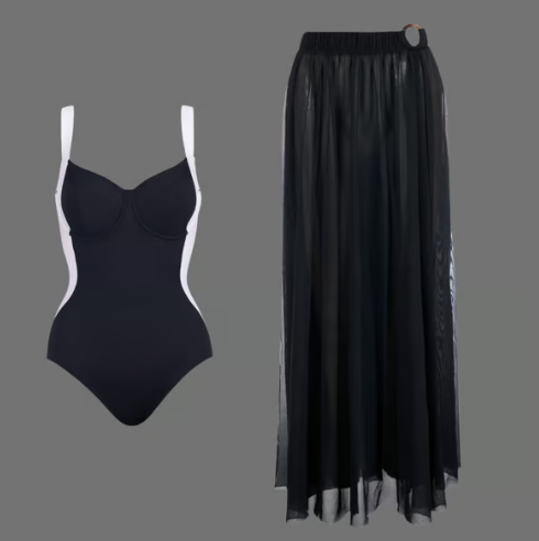 Tummy Control Black Sling Shaping One-Piece Swimsuit Set