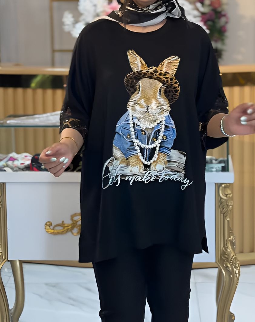 Sequin Pearl Rabbit Short Sleeve Top